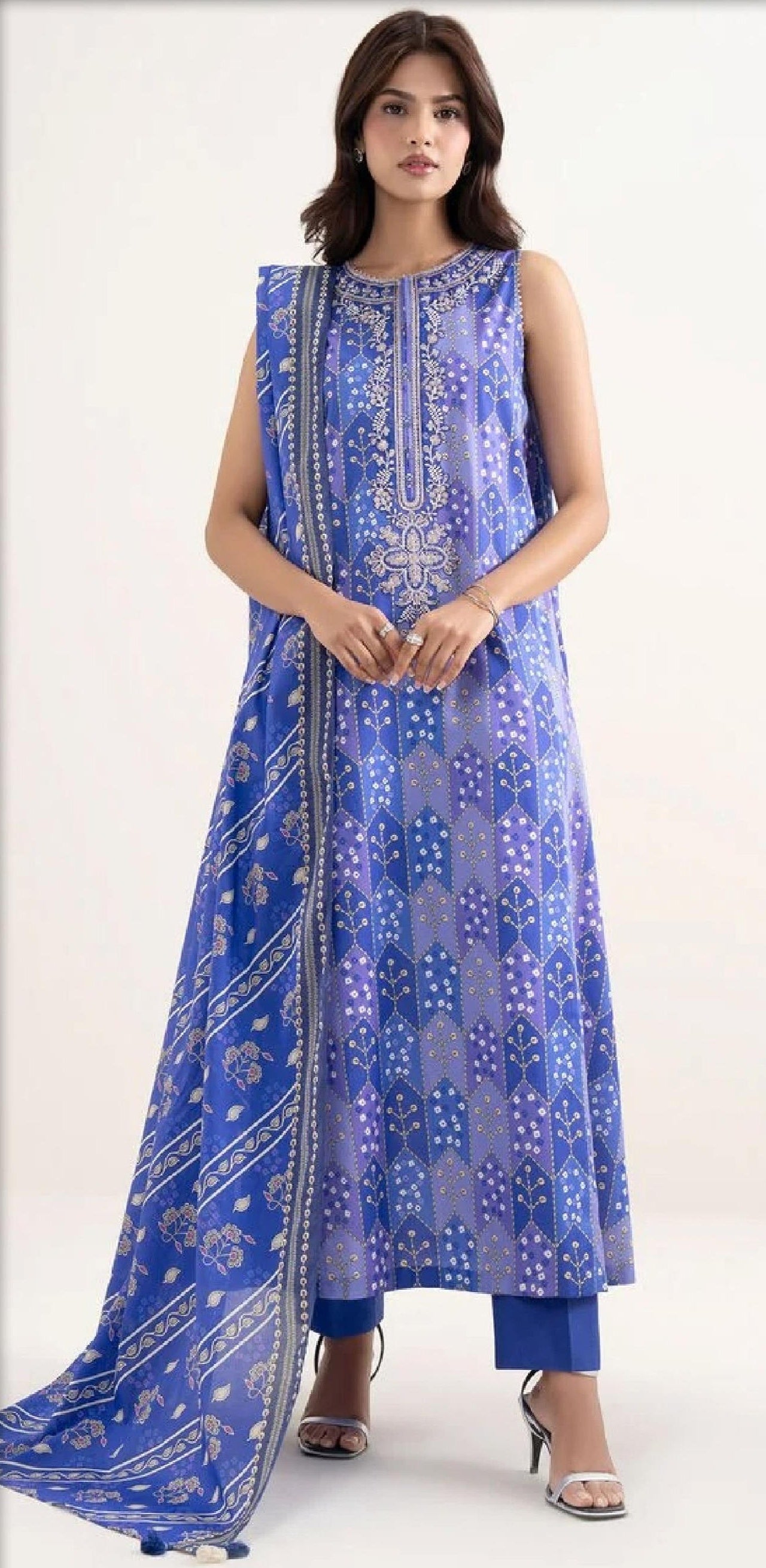 Blue Purple Sleeveless Anarkali-Style Suit with Bandhani Print (HS)