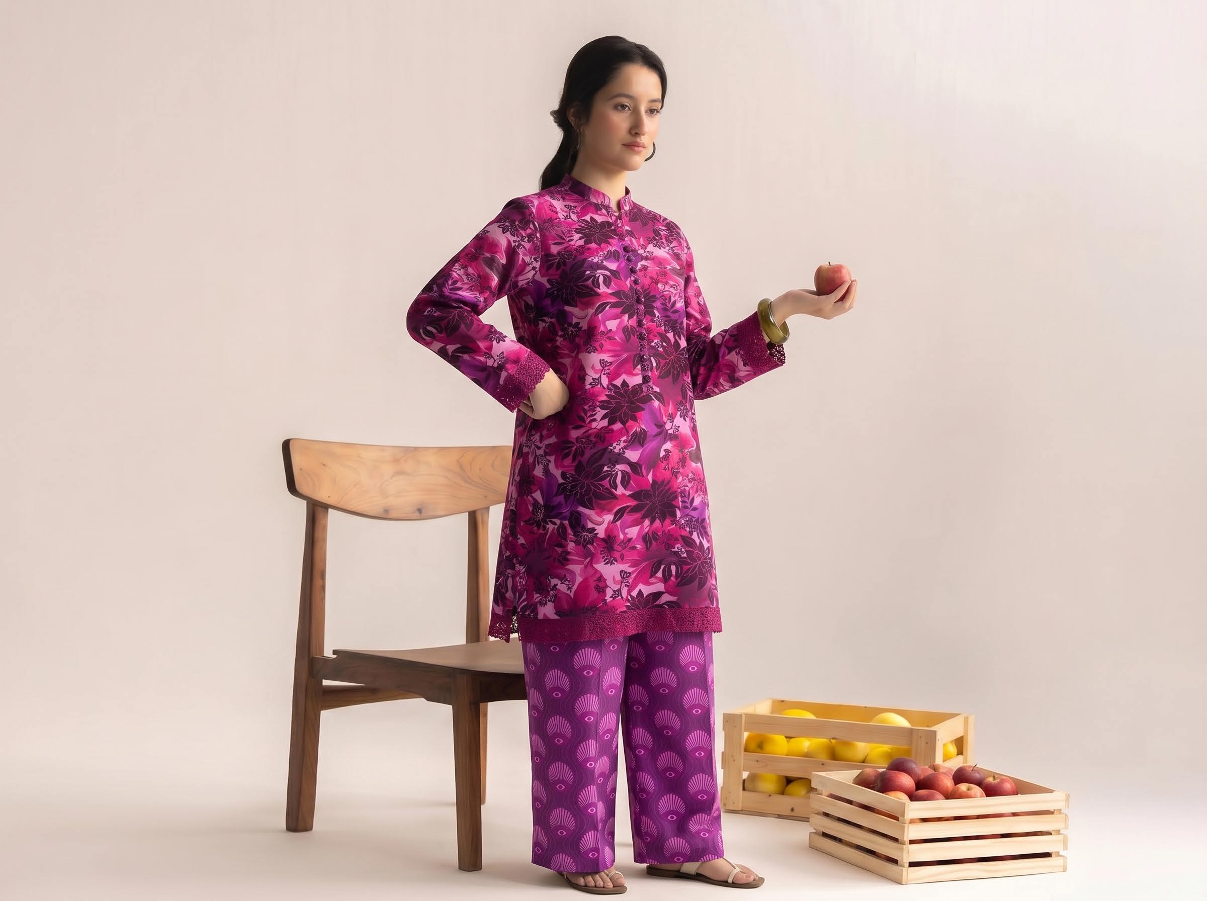 Magenta Floral Print 2PC Lawn Suit with Shell-Print Trouser (HS)