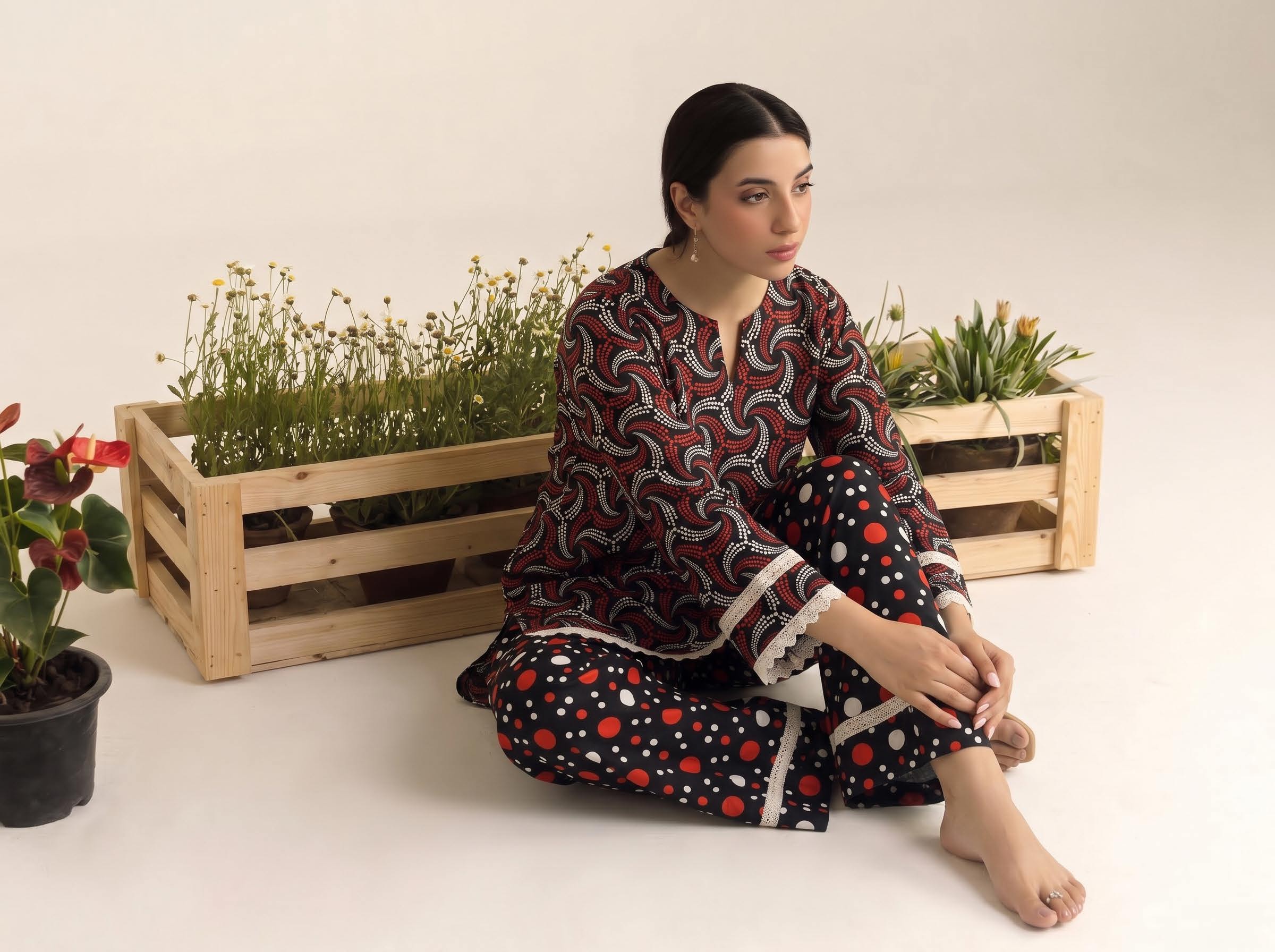 Black Red Swirl Print 2PC Lawn Suit with Polka Dot Trouser (HS)