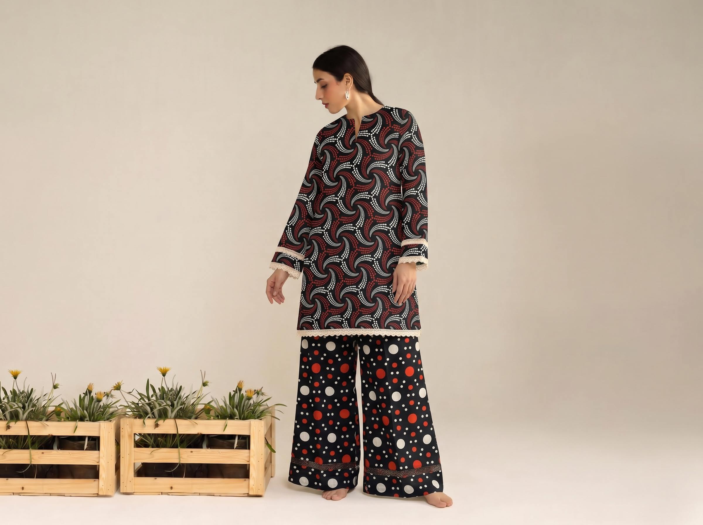 Black Red Swirl Print 2PC Lawn Suit with Polka Dot Trouser (HS)