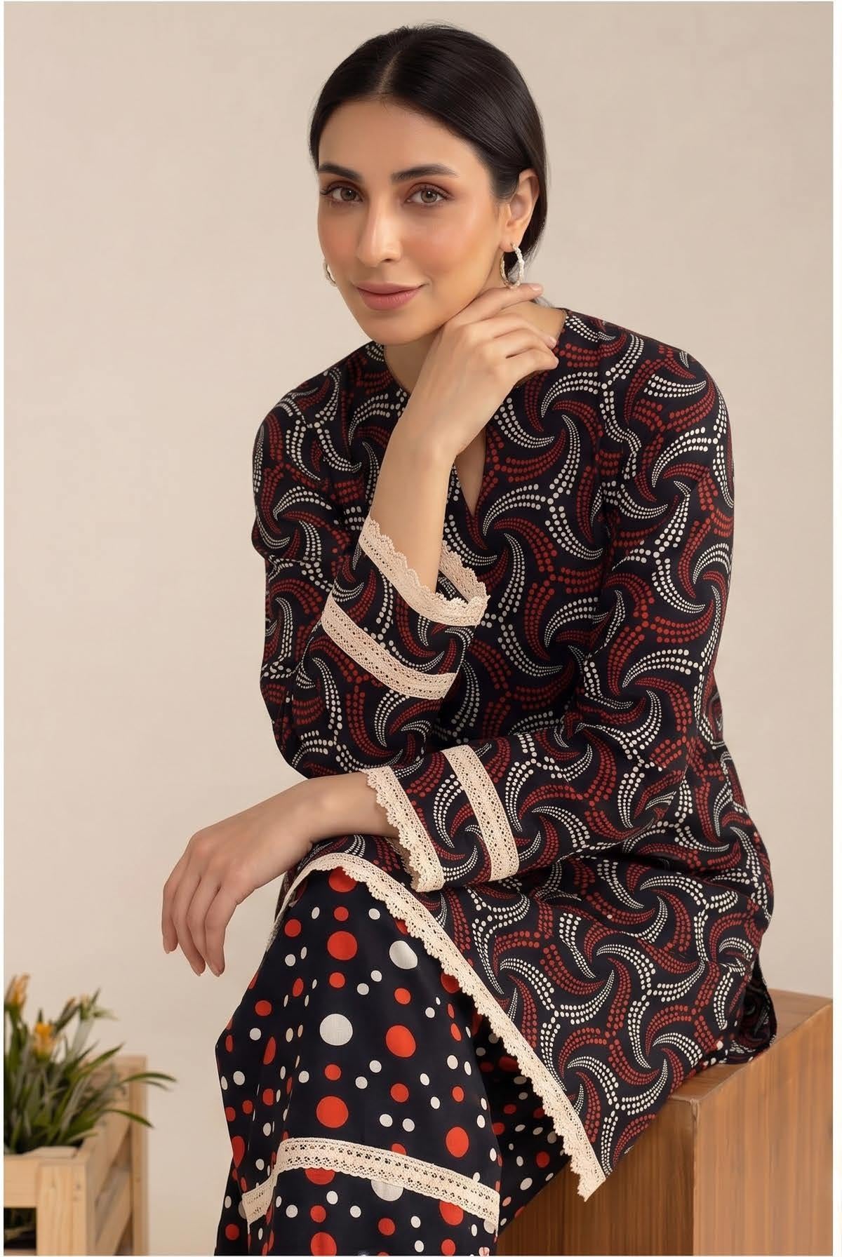 Black Red Swirl Print 2PC Lawn Suit with Polka Dot Trouser (HS)