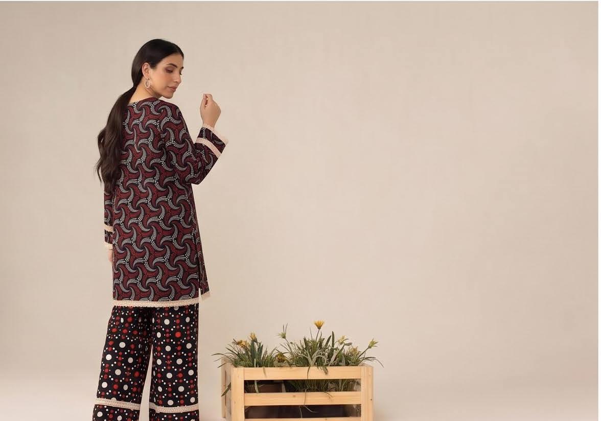 Black Red Swirl Print 2PC Lawn Suit with Polka Dot Trouser (HS)