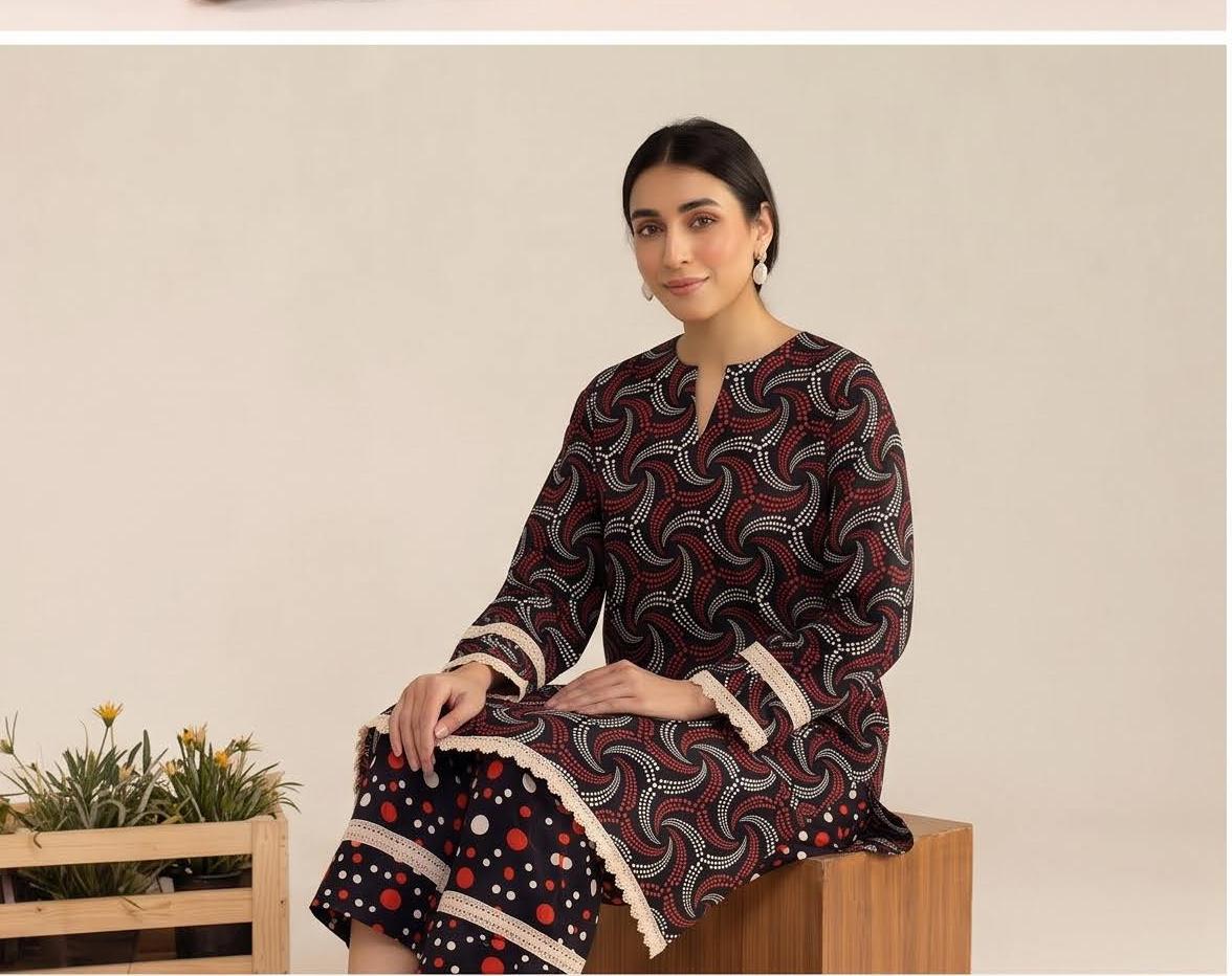 Black Red Swirl Print 2PC Lawn Suit with Polka Dot Trouser (HS)