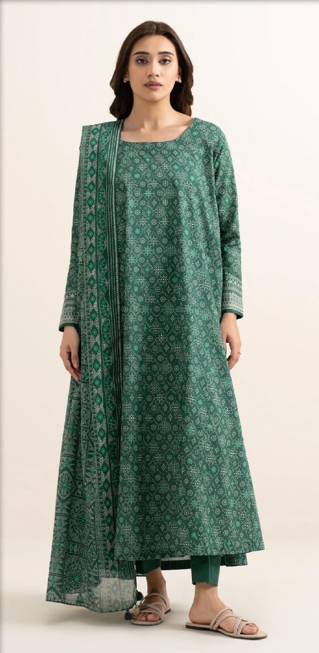 Emerald Green Ajrak-Print 3PC Lawn Suit with Border Detailing (HS)