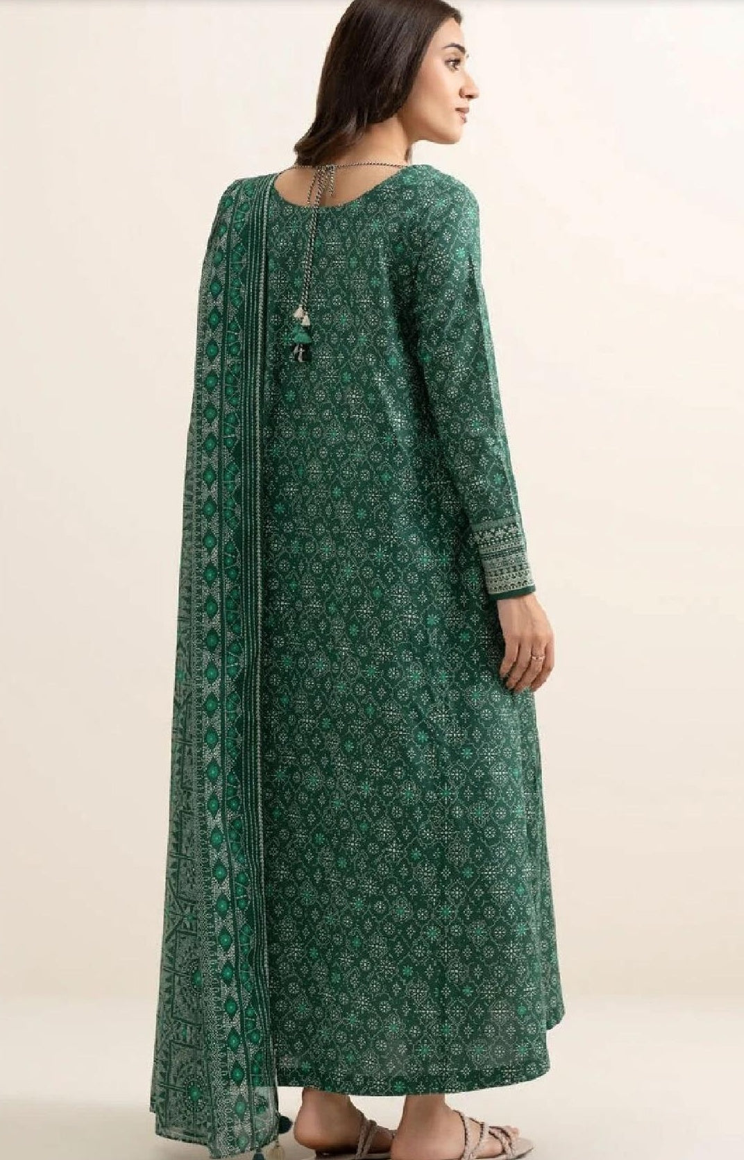 Emerald Green Ajrak-Print 3PC Lawn Suit with Border Detailing (HS)