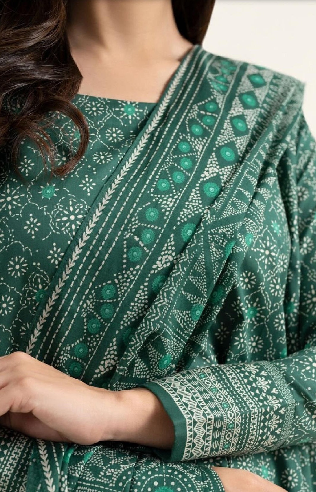 Emerald Green Ajrak-Print 3PC Lawn Suit with Border Detailing (HS)
