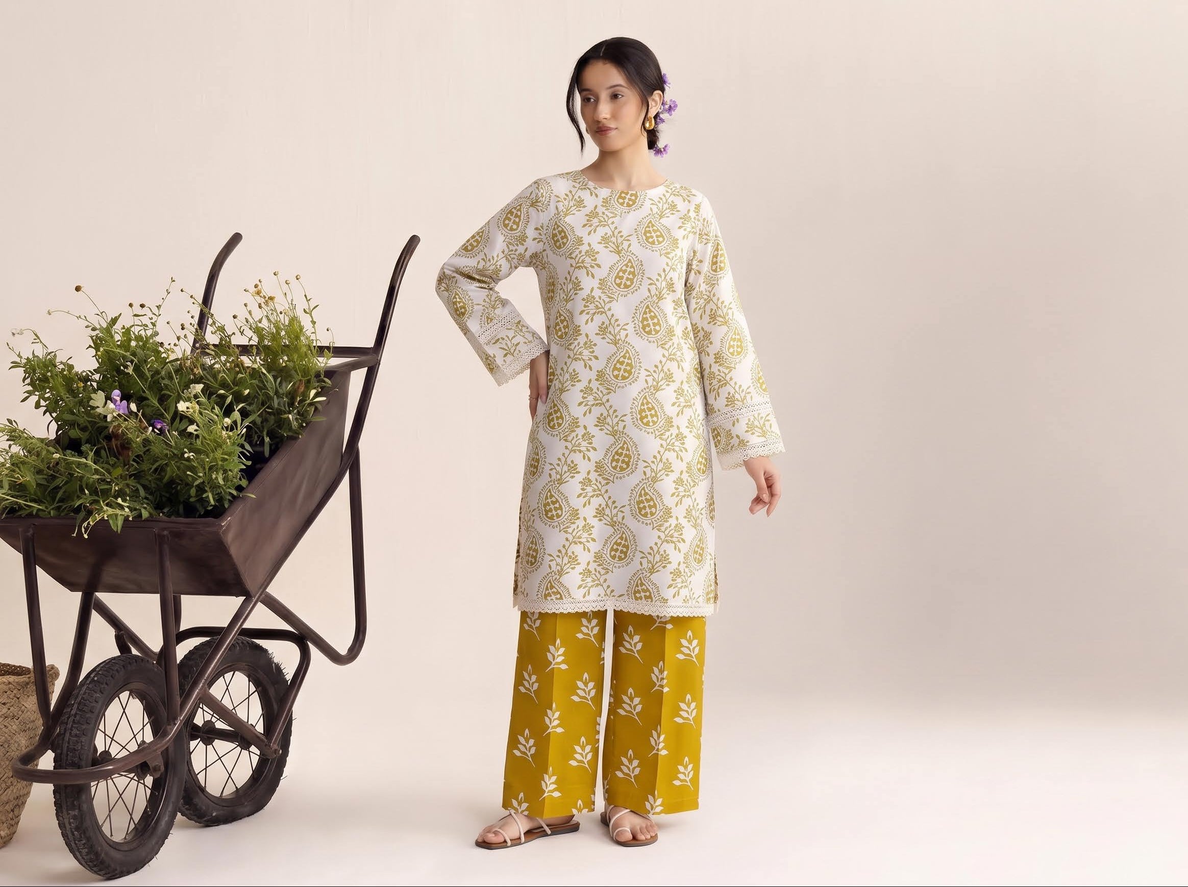 Ivory Olive Paisley Print 2PC Lawn Suit with Mustard Leaf-Print Trouser (HS)