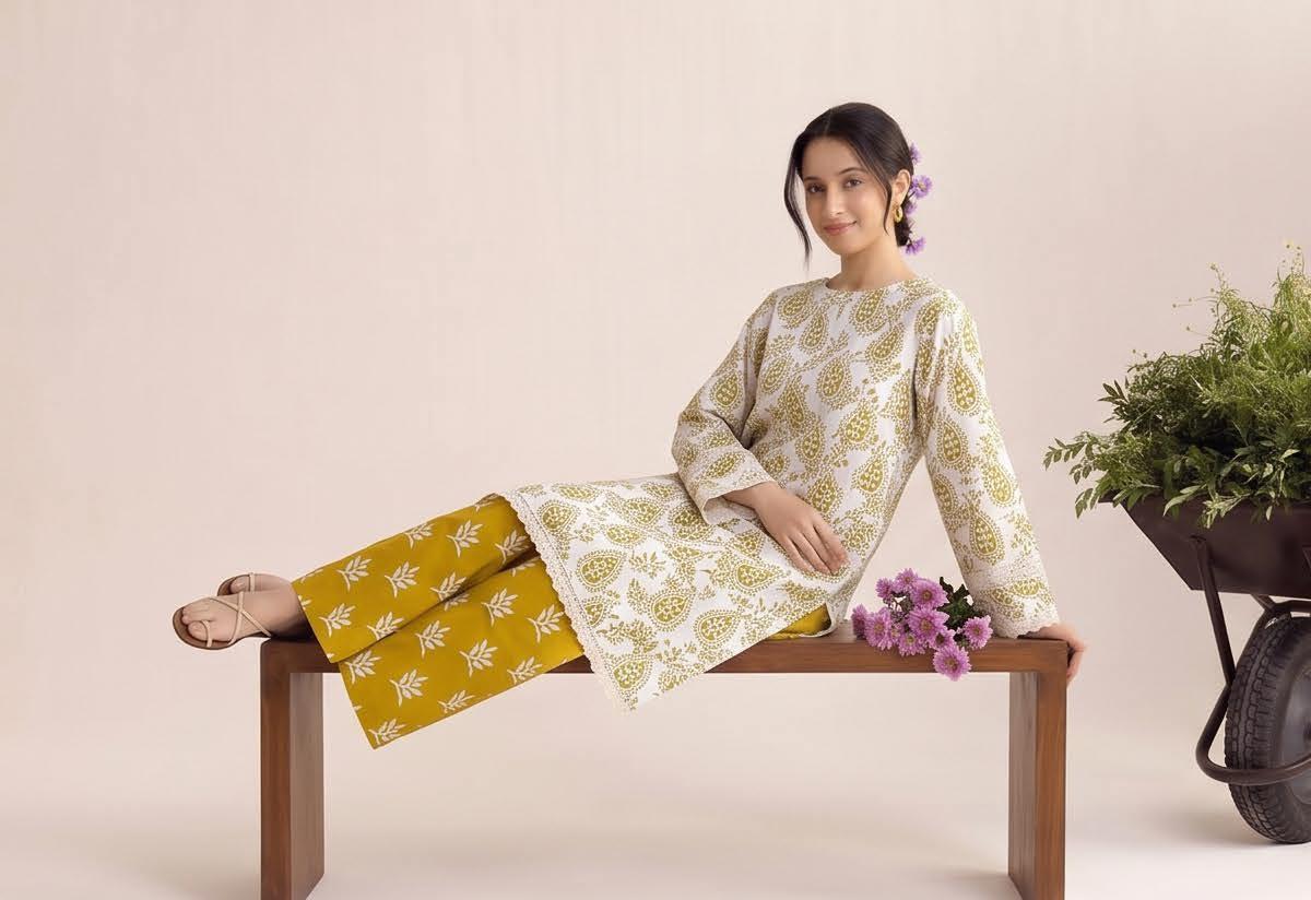 Ivory Olive Paisley Print 2PC Lawn Suit with Mustard Leaf-Print Trouser (HS)