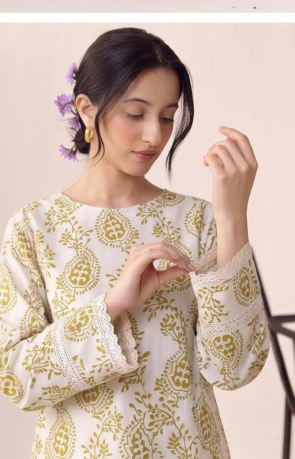 Ivory Olive Paisley Print 2PC Lawn Suit with Mustard Leaf-Print Trouser (HS)