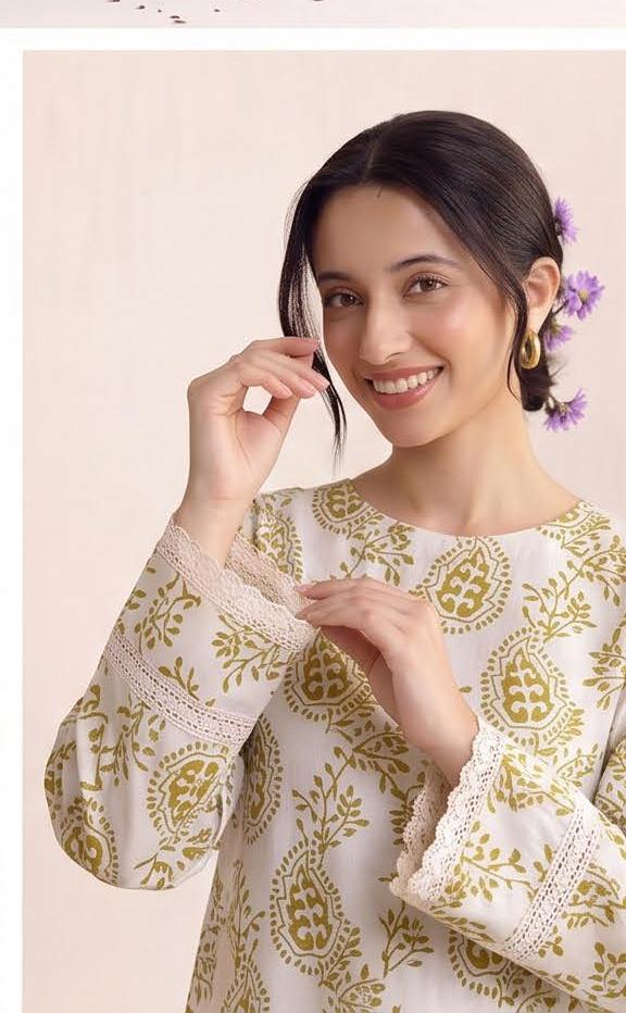 Ivory Olive Paisley Print 2PC Lawn Suit with Mustard Leaf-Print Trouser (HS)