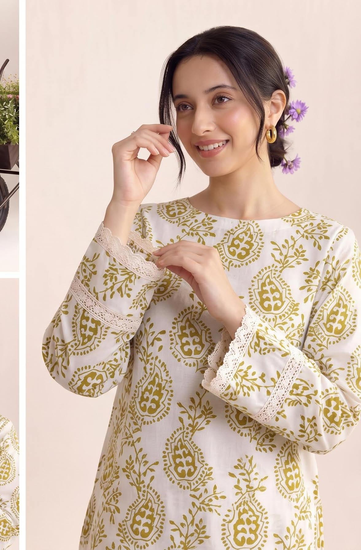 Ivory Olive Paisley Print 2PC Lawn Suit with Mustard Leaf-Print Trouser (HS)
