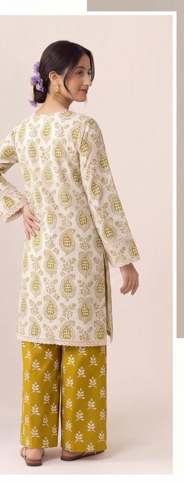 Ivory Olive Paisley Print 2PC Lawn Suit with Mustard Leaf-Print Trouser (HS)