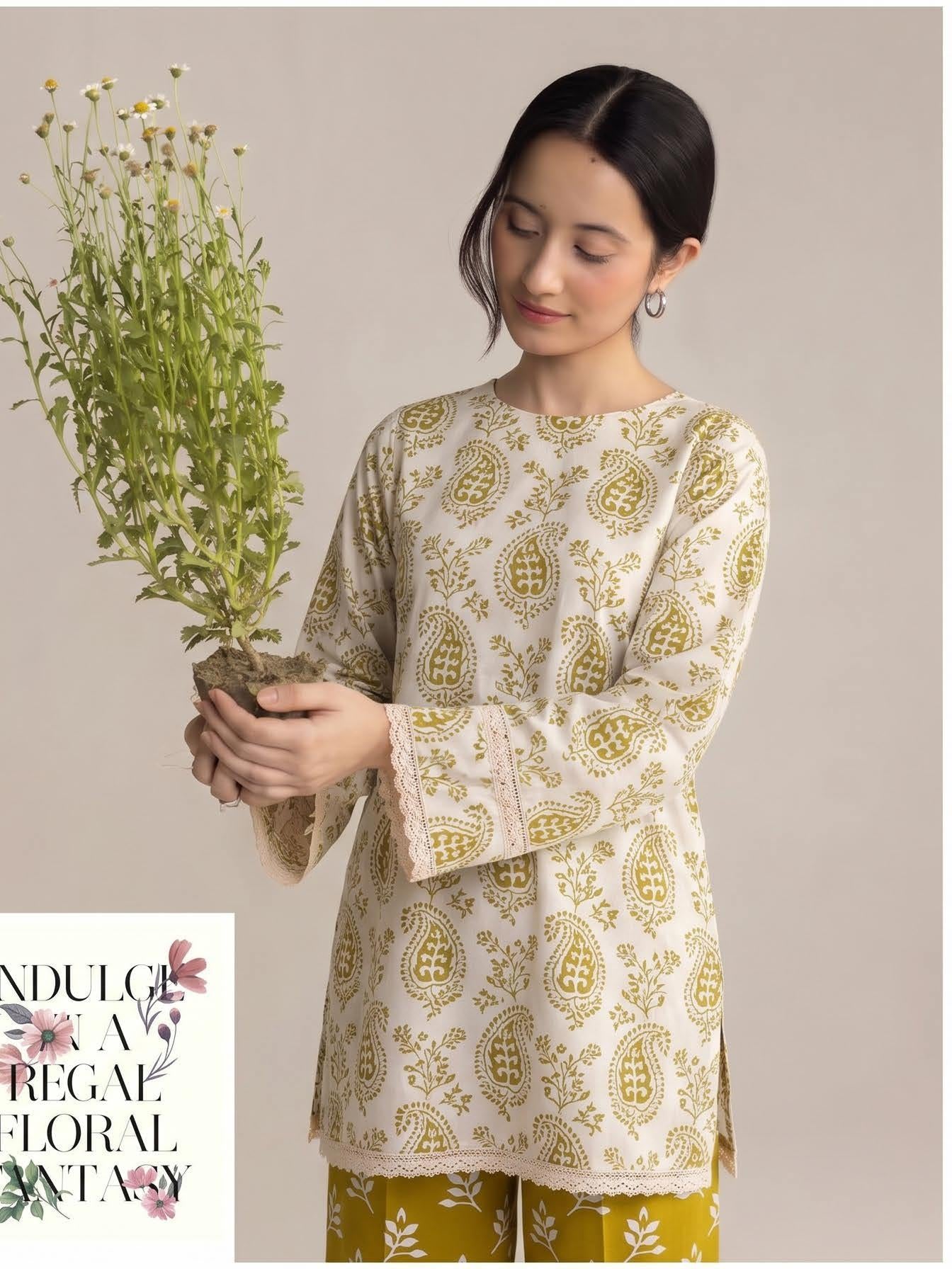 Ivory Olive Paisley Print 2PC Lawn Suit with Mustard Leaf-Print Trouser (HS)