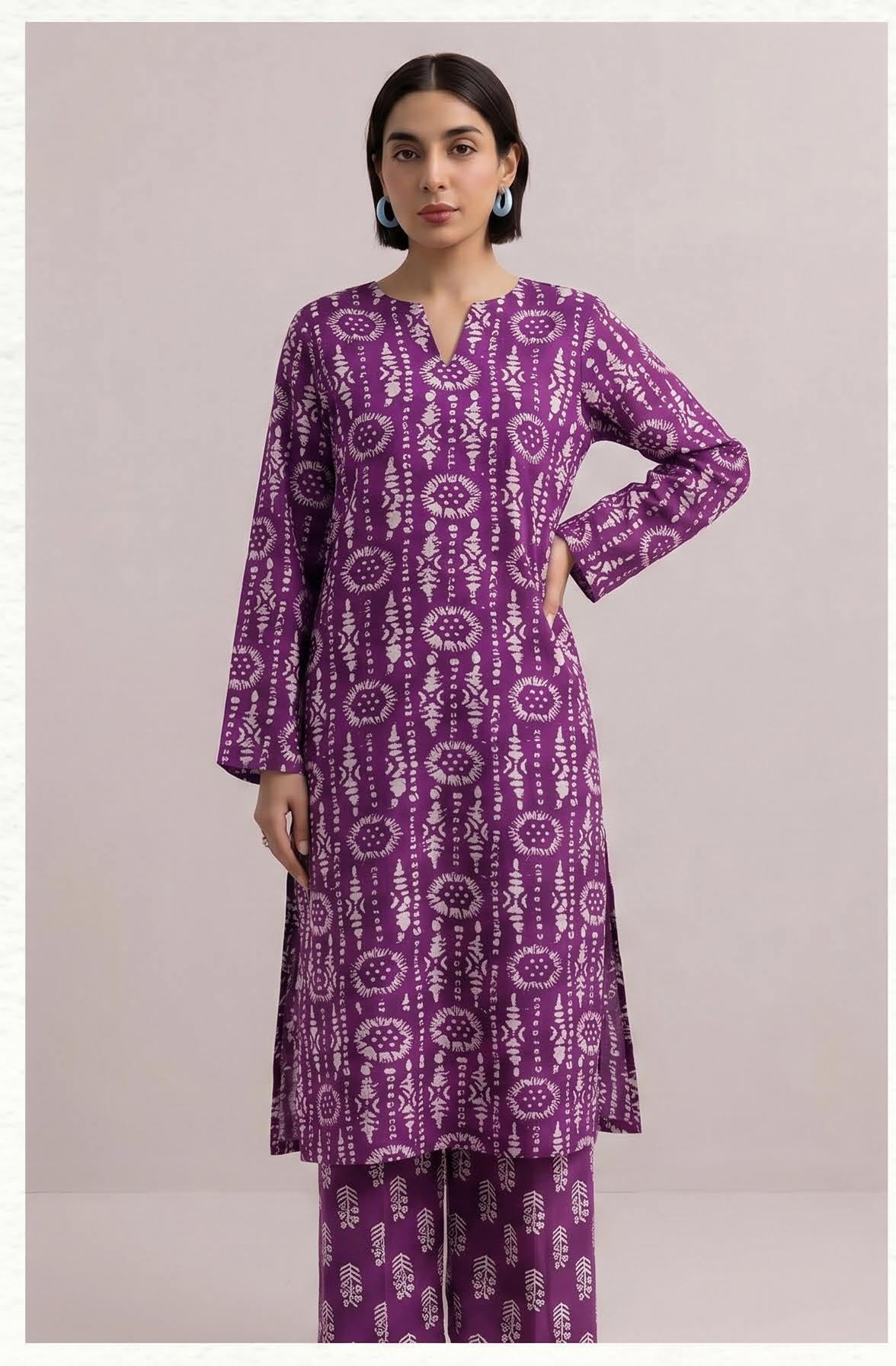 Purple Sunburst Print 2PC Lawn Suit with Fern-Print Trouser (HS)
