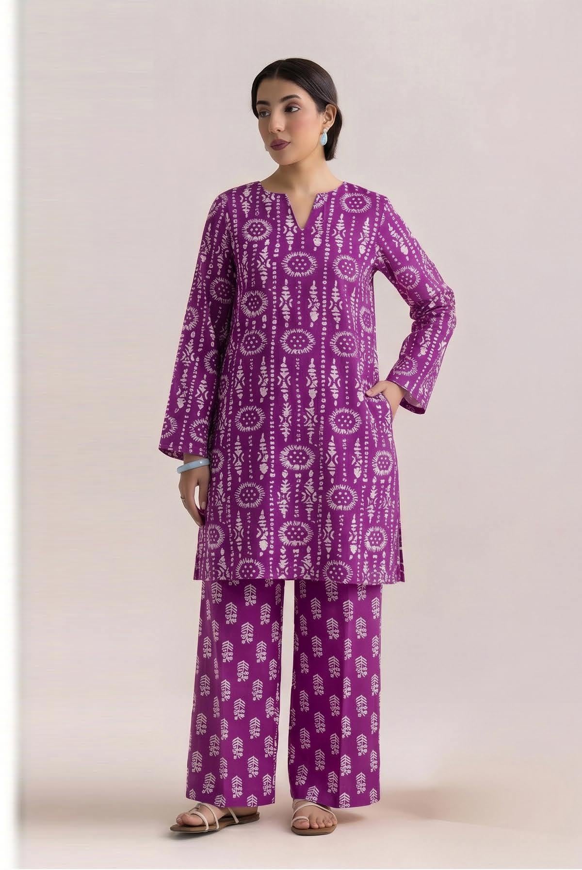 Purple Sunburst Print 2PC Lawn Suit with Fern-Print Trouser (HS)