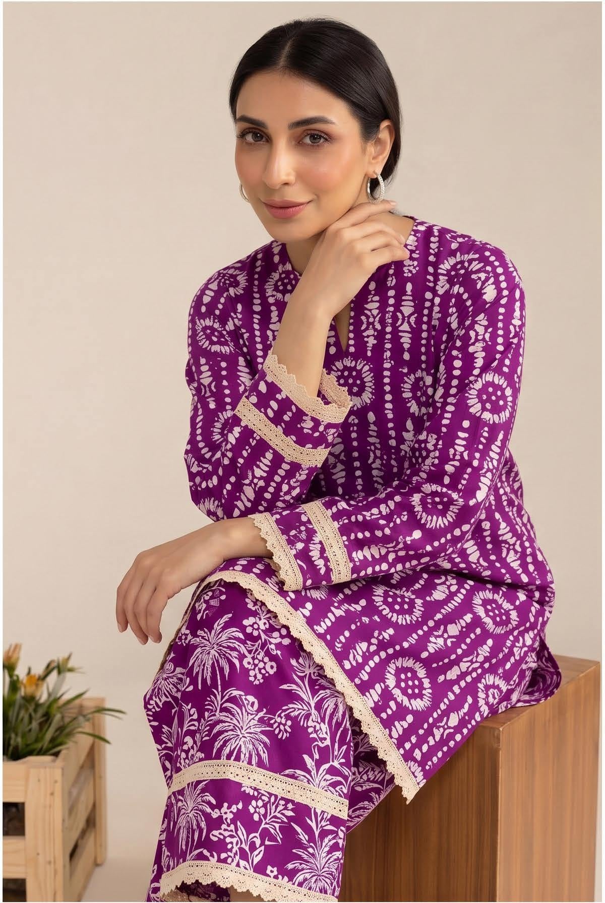 Magenta Sunburst Print 2PC Lawn Suit with Lace Cuffs and Palm-Print Trouser (HS)