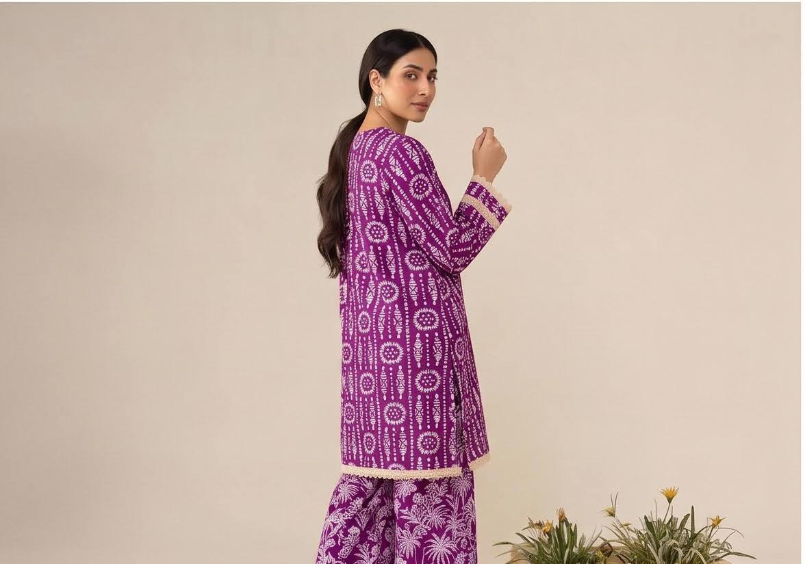 Magenta Sunburst Print 2PC Lawn Suit with Lace Cuffs and Palm-Print Trouser (HS)