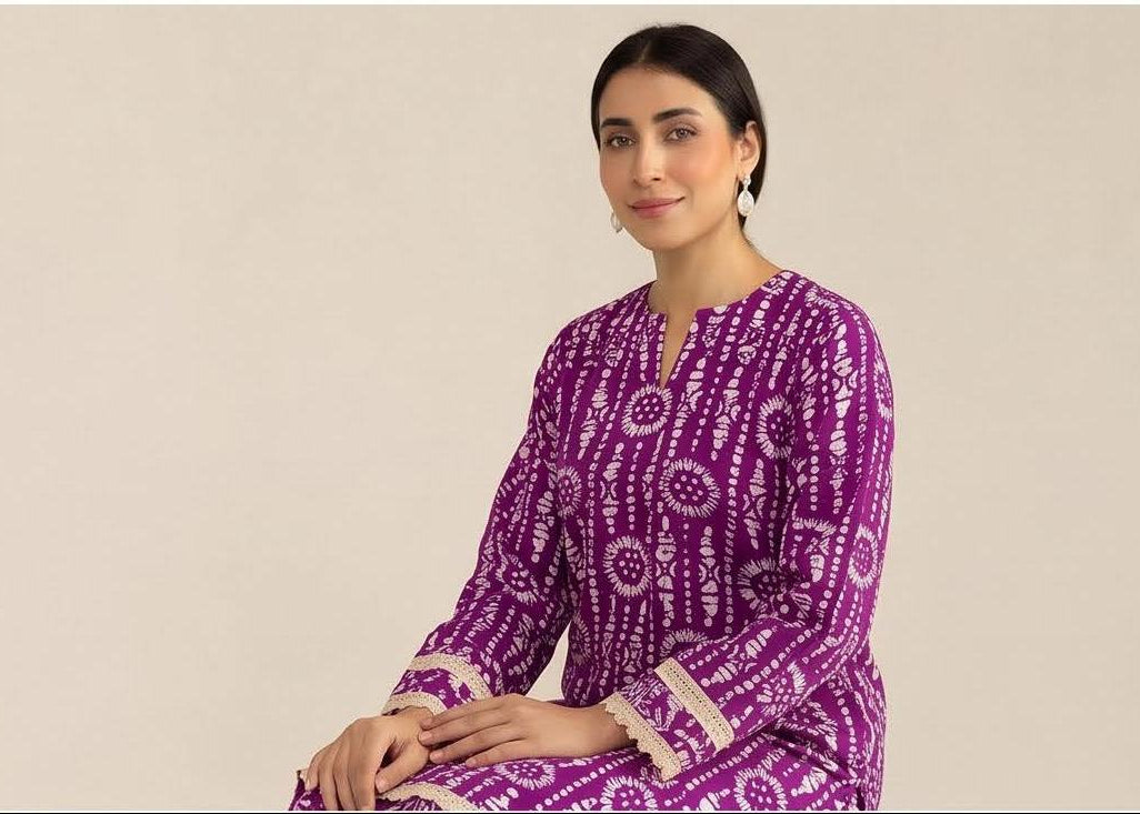 Magenta Sunburst Print 2PC Lawn Suit with Lace Cuffs and Palm-Print Trouser (HS)