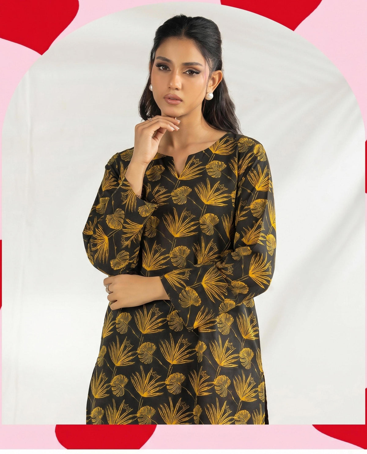 Black Mustard Palm Leaf Print 2PC Lawn Suit (HS)