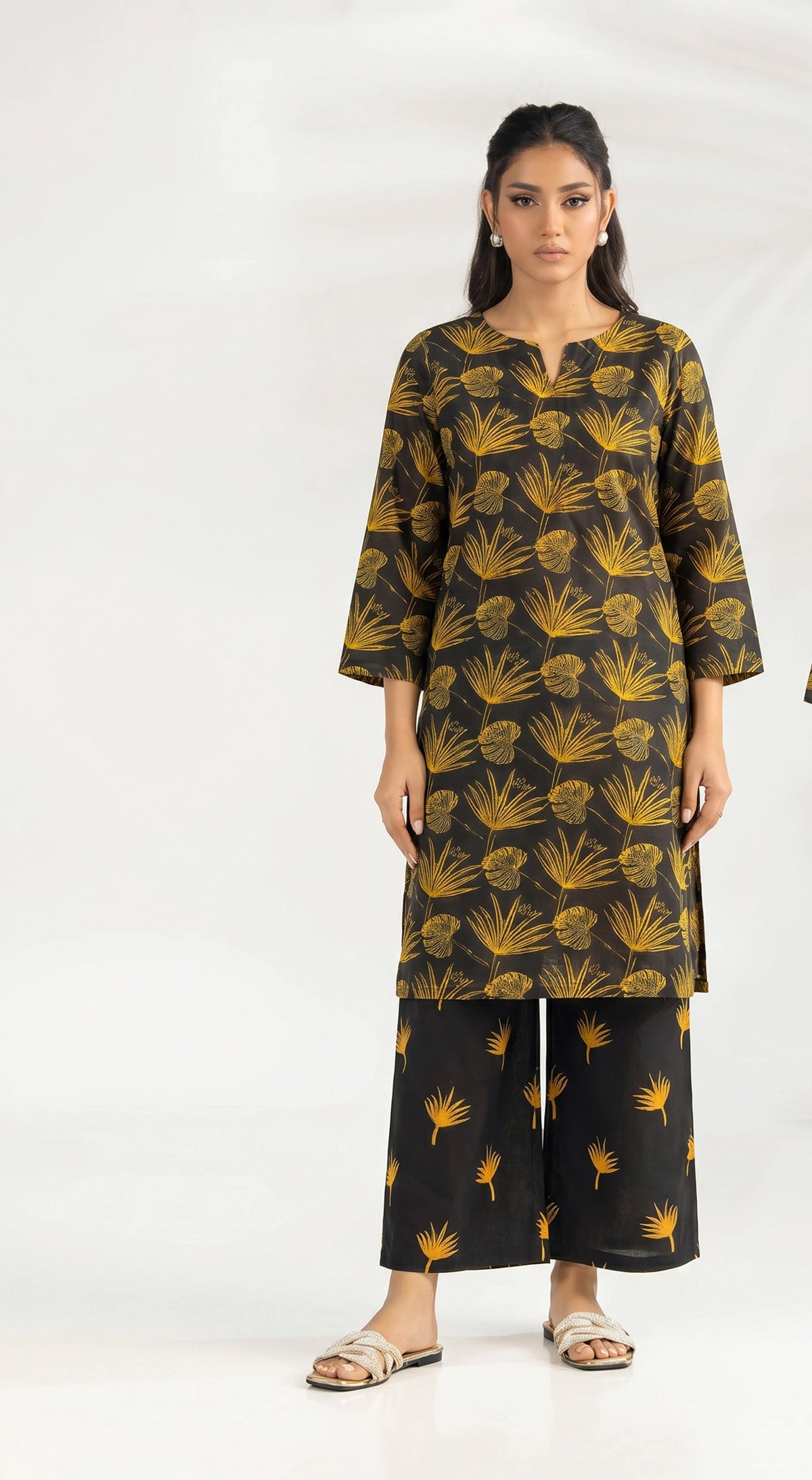 Black Mustard Palm Leaf Print 2PC Lawn Suit (HS)