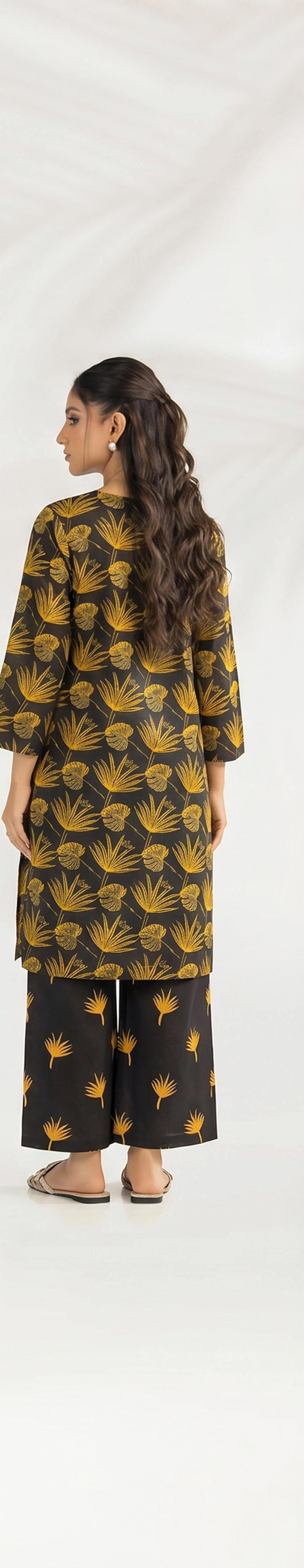 Black Mustard Palm Leaf Print 2PC Lawn Suit (HS)