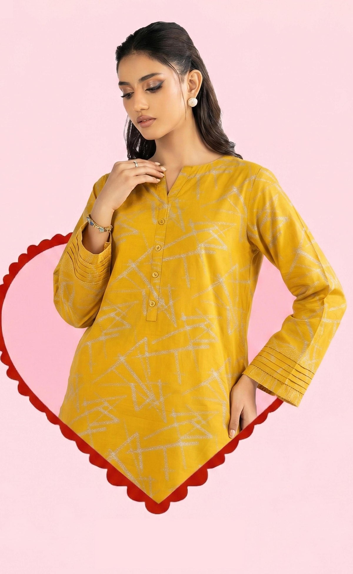 Mustard Yellow Abstract Print 2PC Lawn Suit with Pintuck Cuffs (HS)