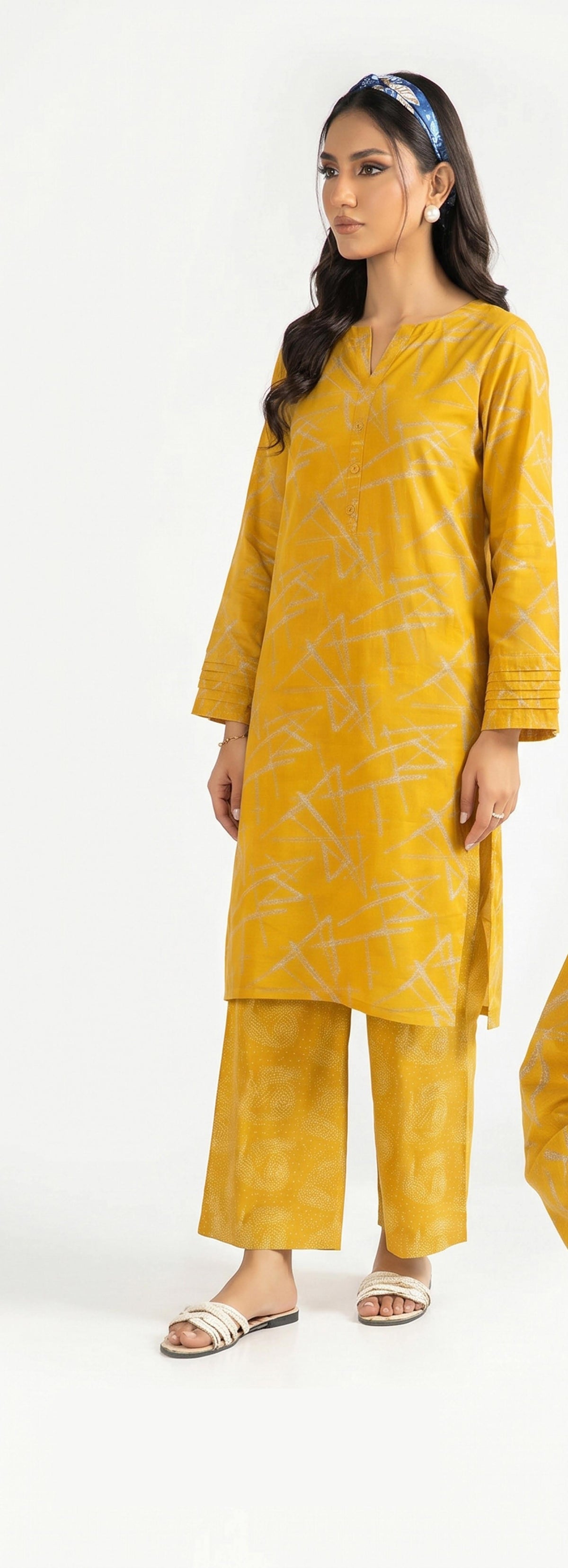 Mustard Yellow Abstract Print 2PC Lawn Suit with Pintuck Cuffs (HS)