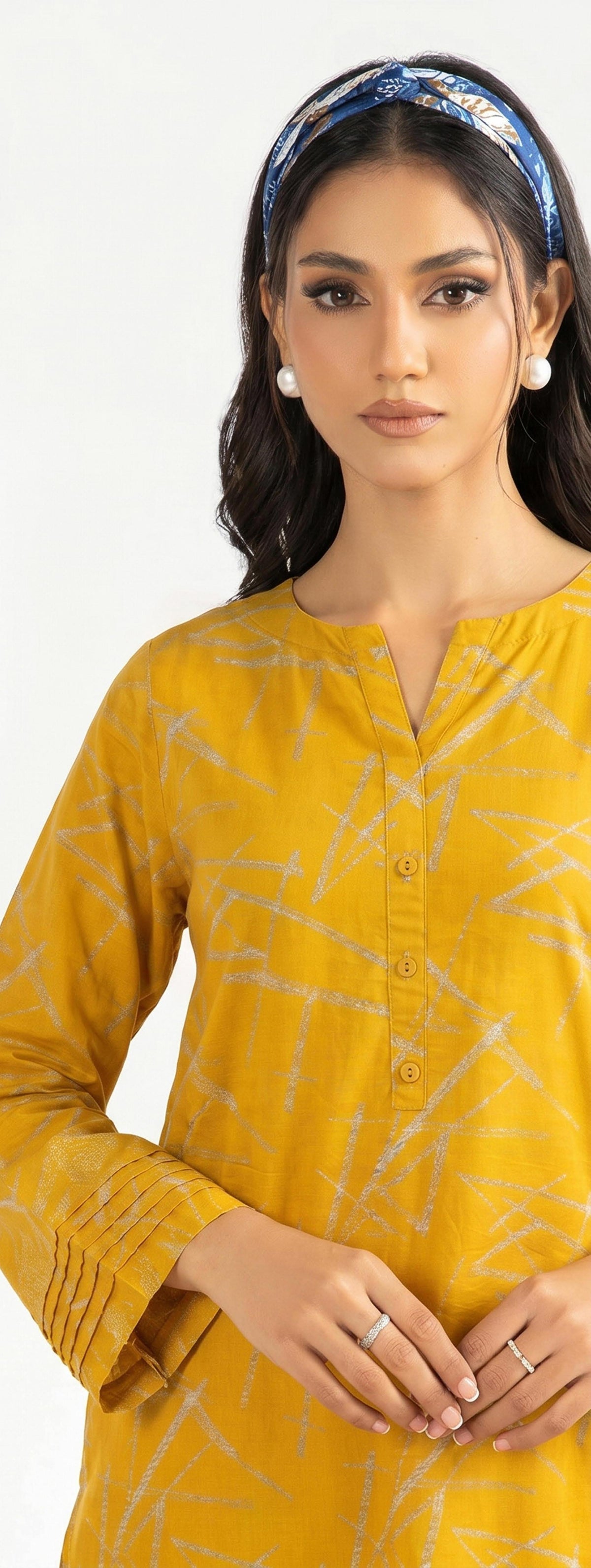 Mustard Yellow Abstract Print 2PC Lawn Suit with Pintuck Cuffs (HS)