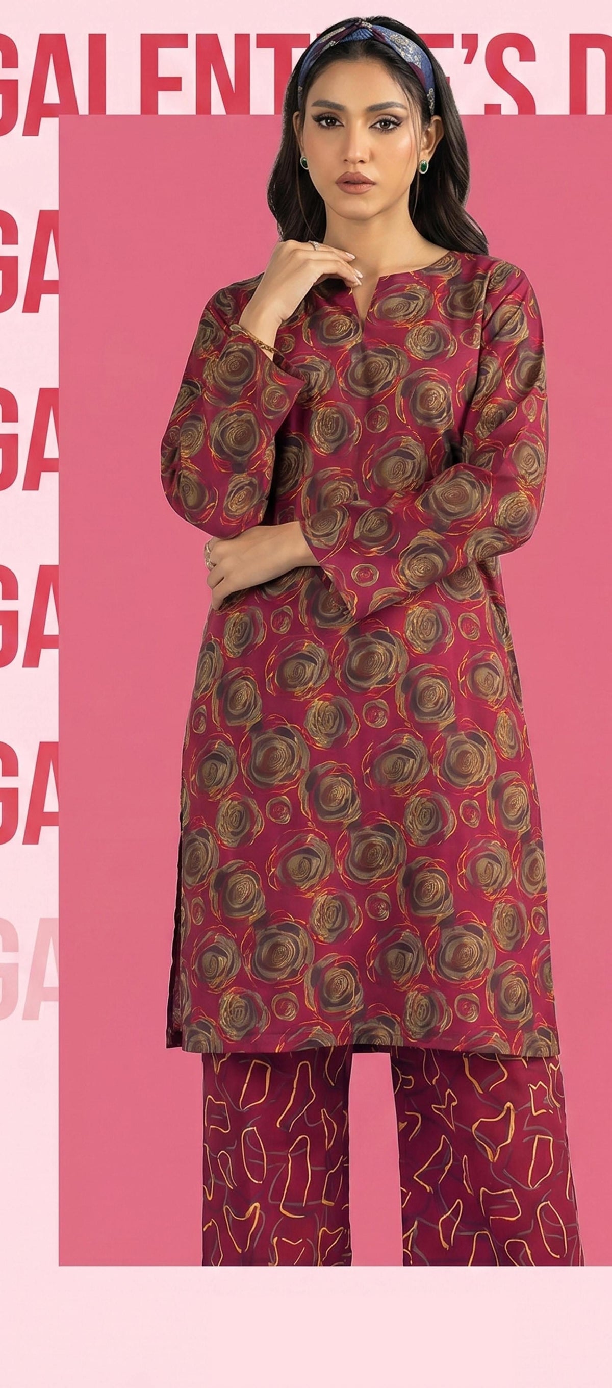 Magenta Rose Swirl Print 2PC Lawn Suit with Abstract Outline Trouser (HS)