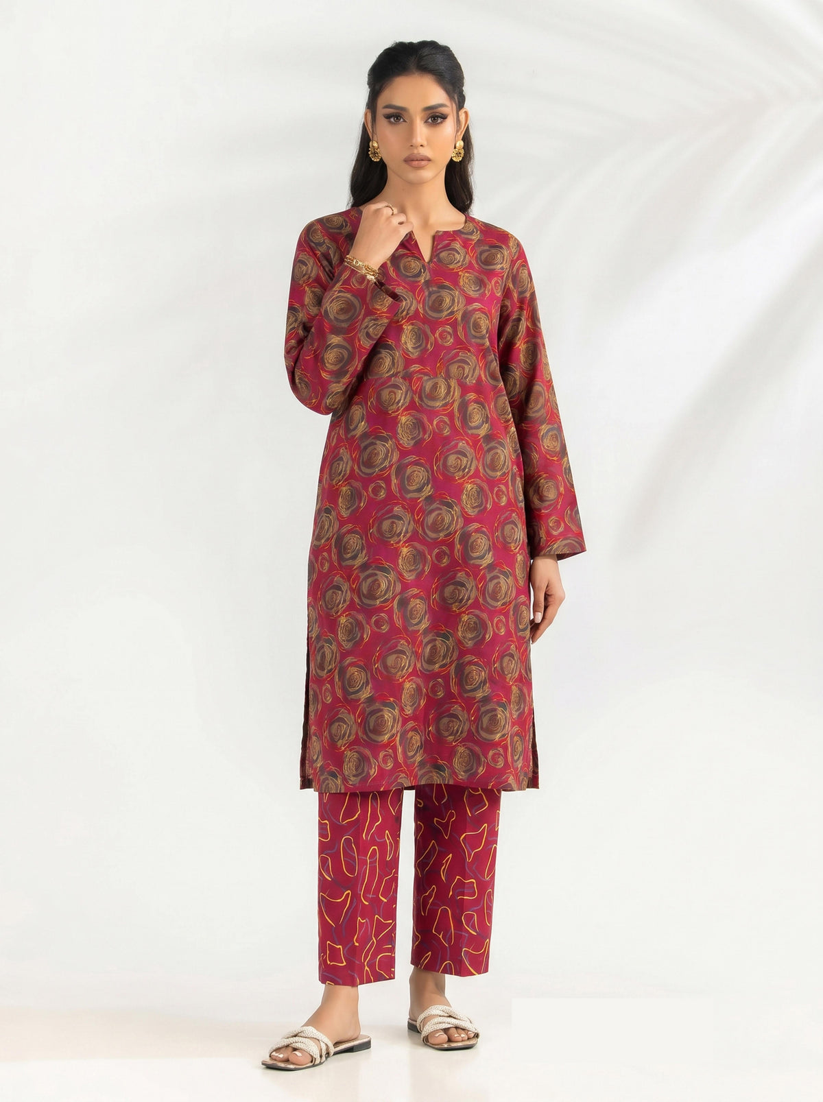 Magenta Rose Swirl Print 2PC Lawn Suit with Abstract Outline Trouser (HS)
