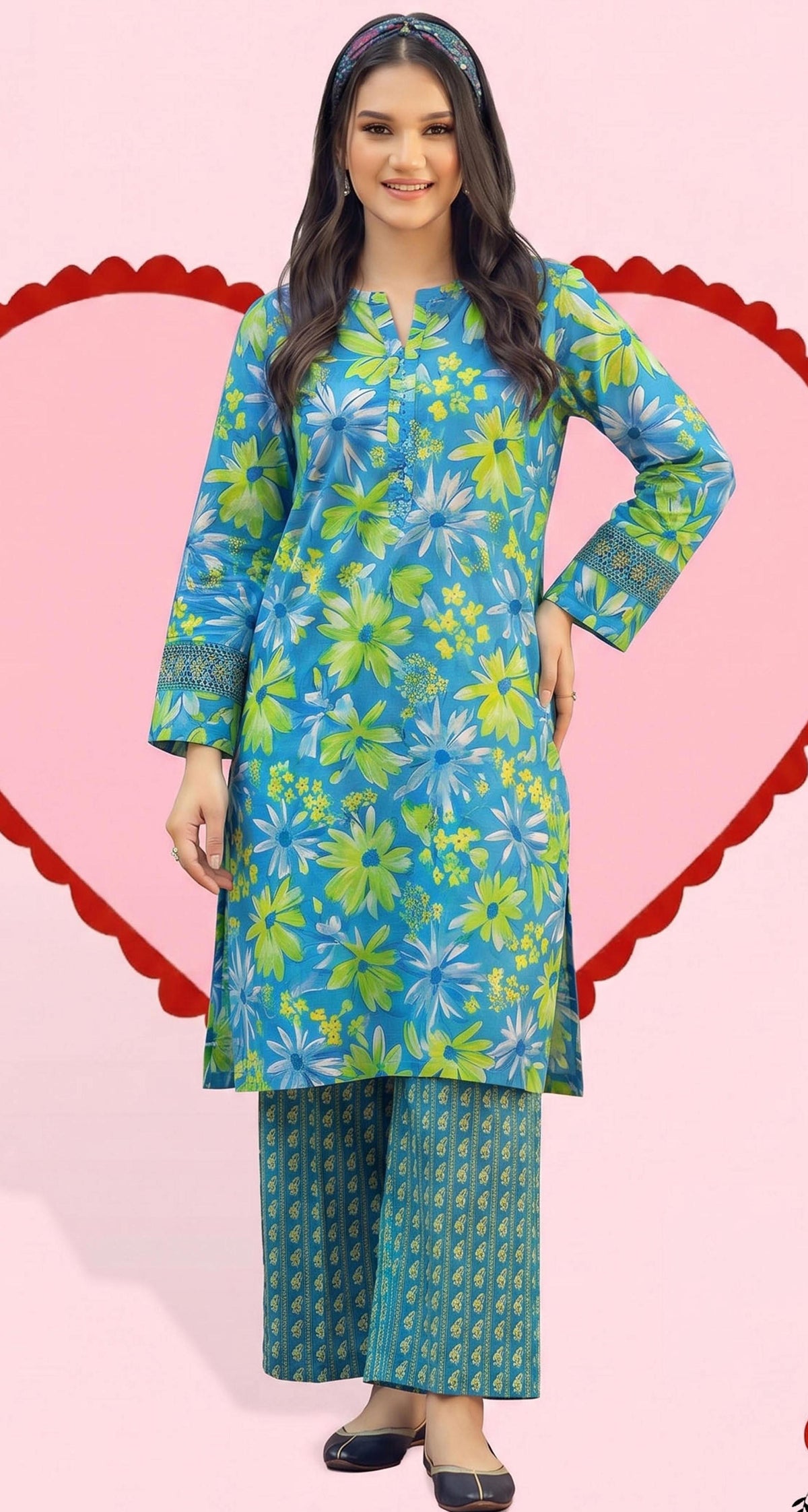 Turquoise Daisy Floral Print 2PC Lawn Suit with Lace-Trimmed Cuffs (HS)