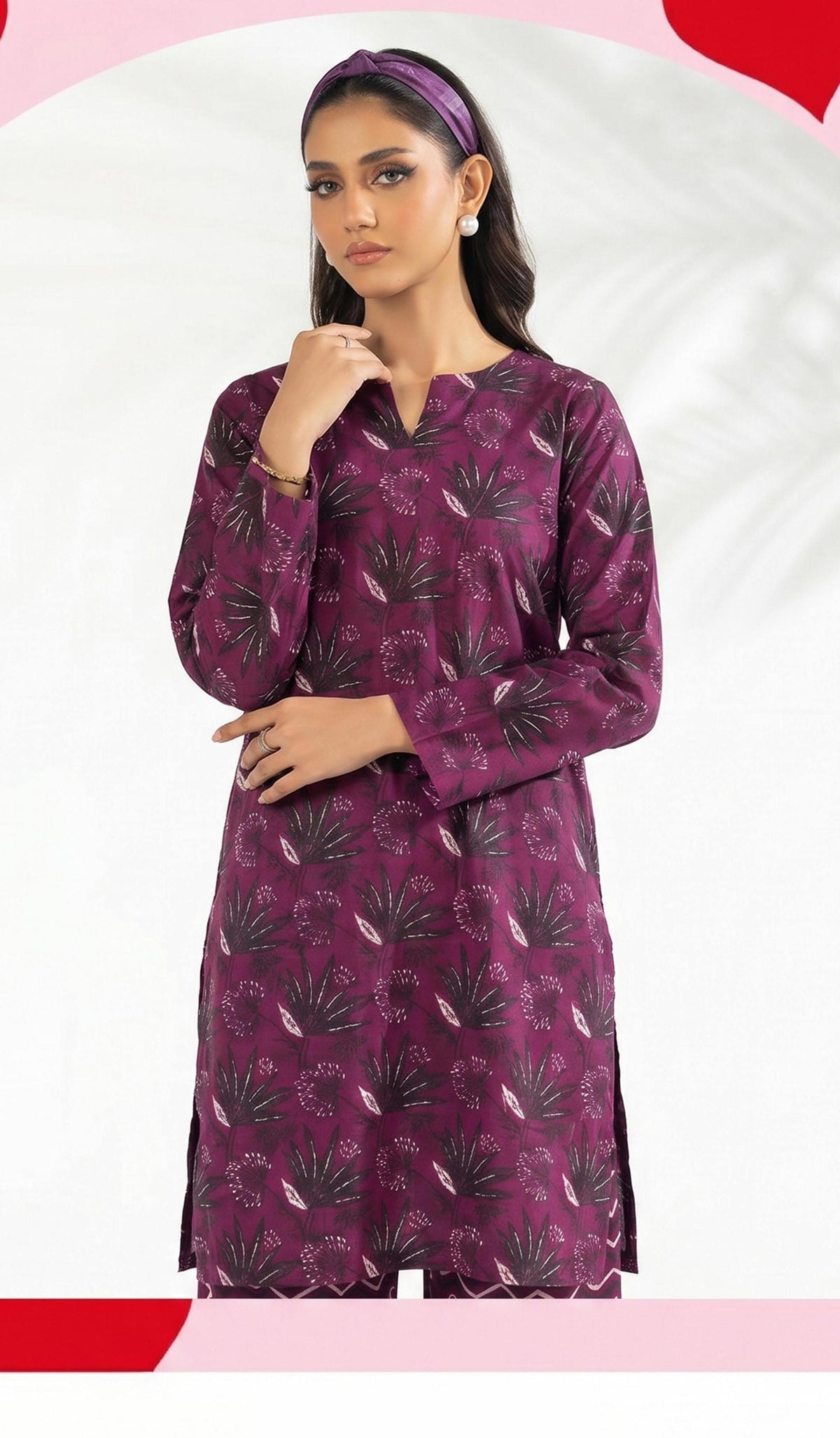 Purple Palm Leaf Print 2PC Lawn Suit with Zigzag Trouser (HS)