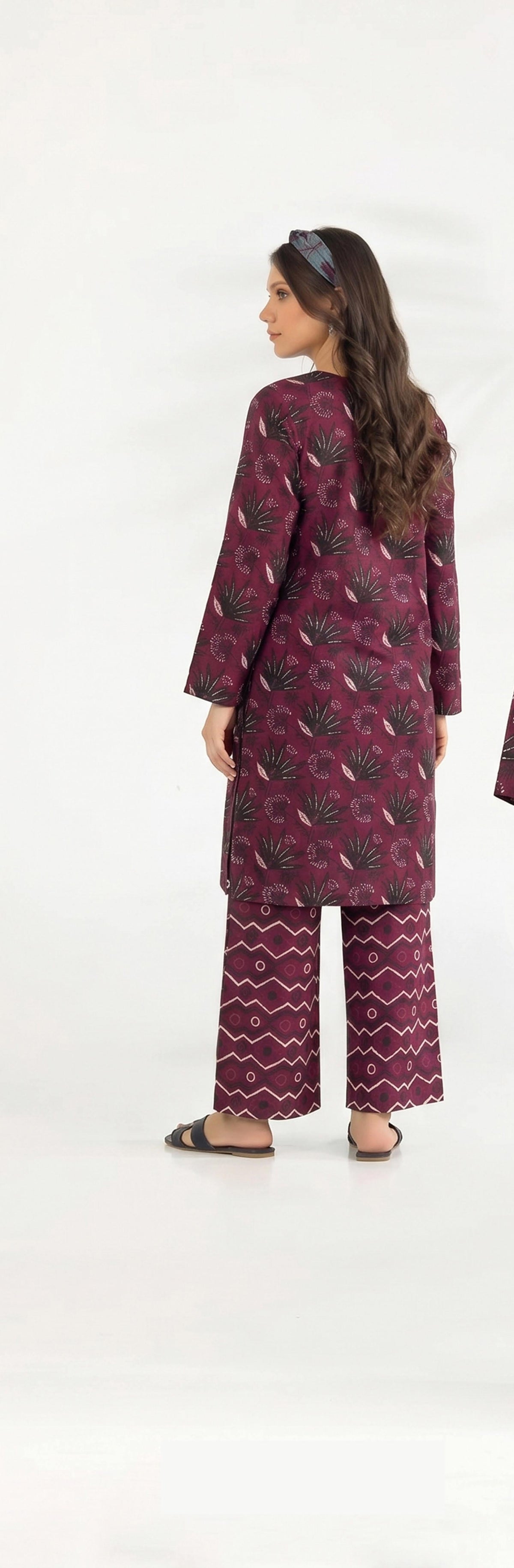 Purple Palm Leaf Print 2PC Lawn Suit with Zigzag Trouser (HS)
