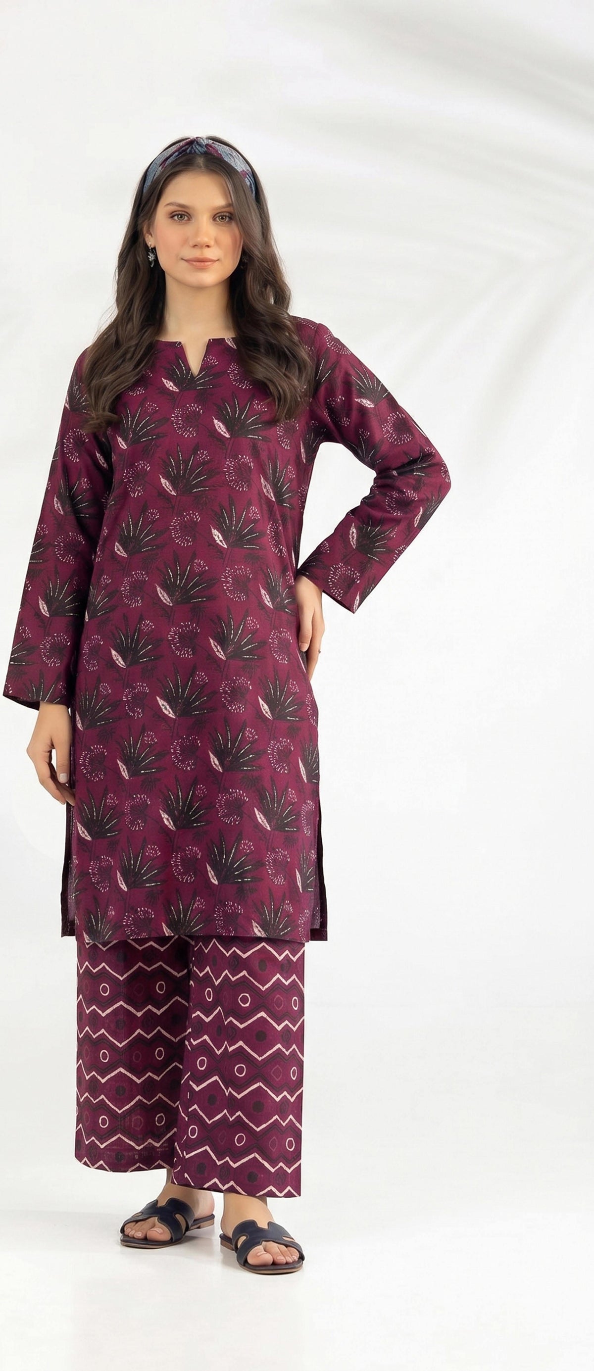 Purple Palm Leaf Print 2PC Lawn Suit with Zigzag Trouser (HS)
