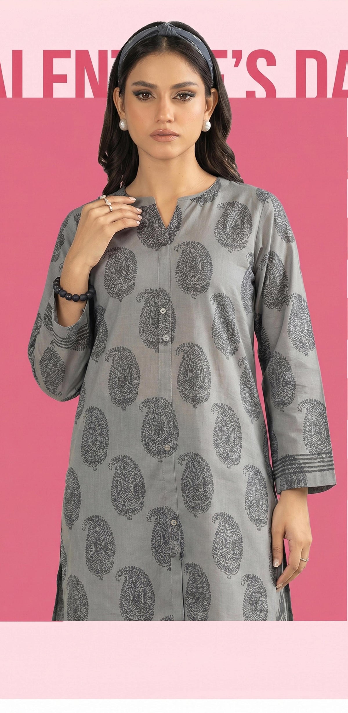 Grey Paisley Print 2PC Lawn Suit with Button-Down Placket (HS)
