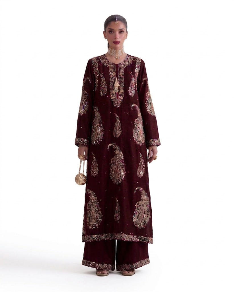 Maroon Embroidered 3PC Velvet Suit with Sequin Paisley Motifs (TFS 090)