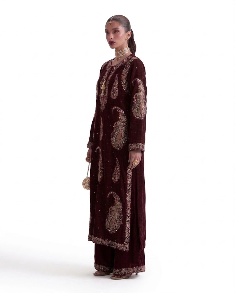 Maroon Embroidered 3PC Velvet Suit with Sequin Paisley Motifs (TFS 090)