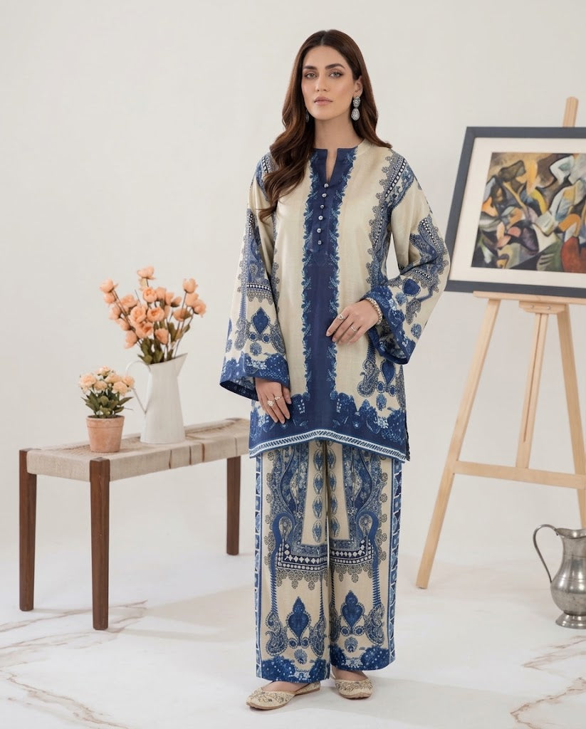 Baroque 2 Piece Printed Linen Suit (Beige & Blue) (HE)