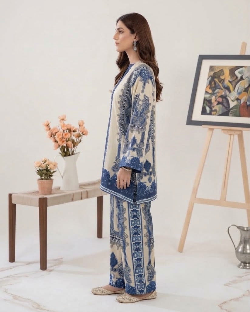 Baroque 2 Piece Printed Linen Suit (Beige & Blue) (HE)