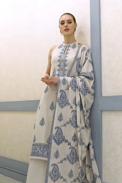 Off-White Embroidered Dhanak 3 Piece Winter Collection Suit (TFS 156)