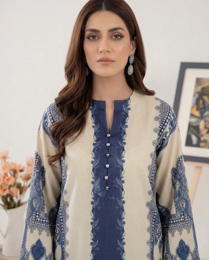 Baroque 2 Piece Printed Linen Suit (Beige & Blue) (HE)