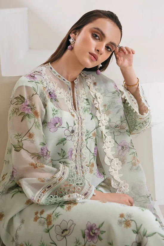 Mint Green Floral Printed 3-Piece Lawn Suit | Baroque (HE)