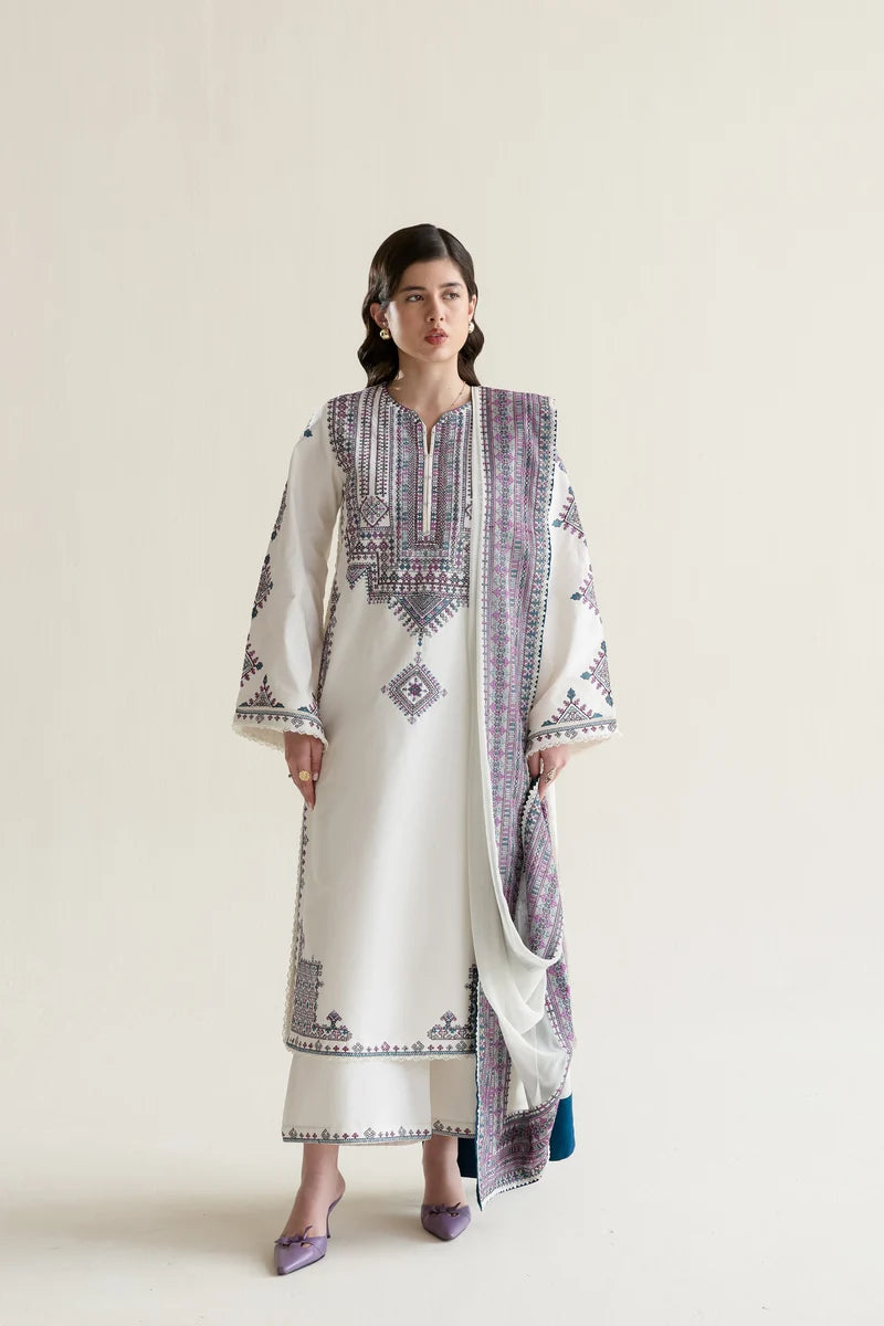 Off-White Embroidered 3PC Dhanak Suit with Digital Printed Shawl (HE D# 290A)