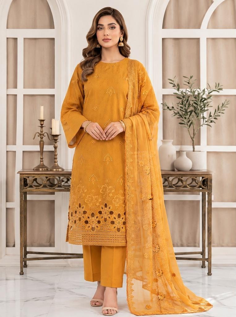 Mustard Yellow Embroidered 3PC Viscose Suit with Bamber Chiffon Dupatta (HE D#14A)