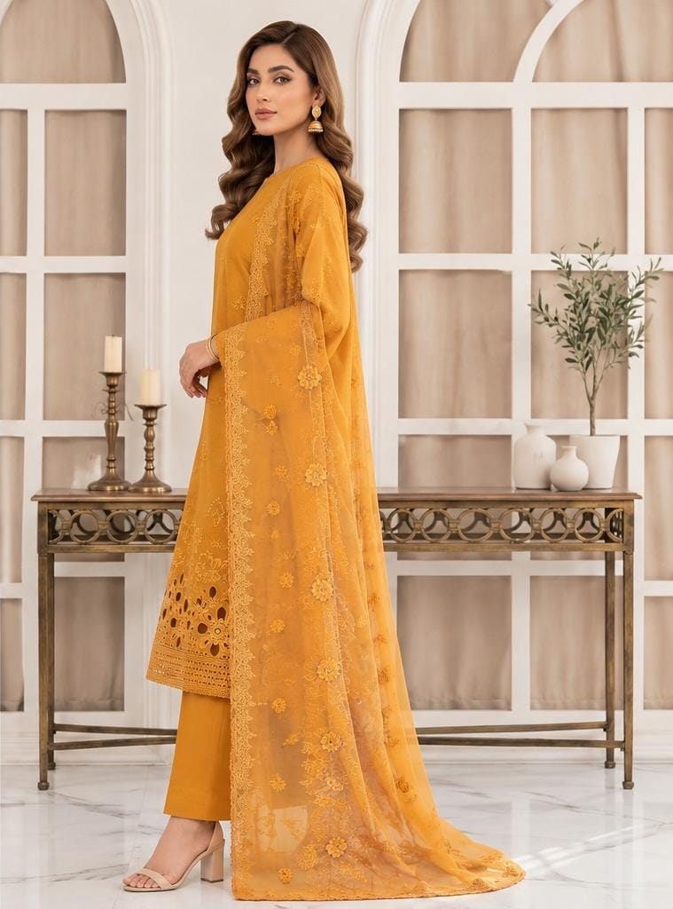 Mustard Yellow Embroidered 3PC Viscose Suit with Bamber Chiffon Dupatta (HE D#14A)