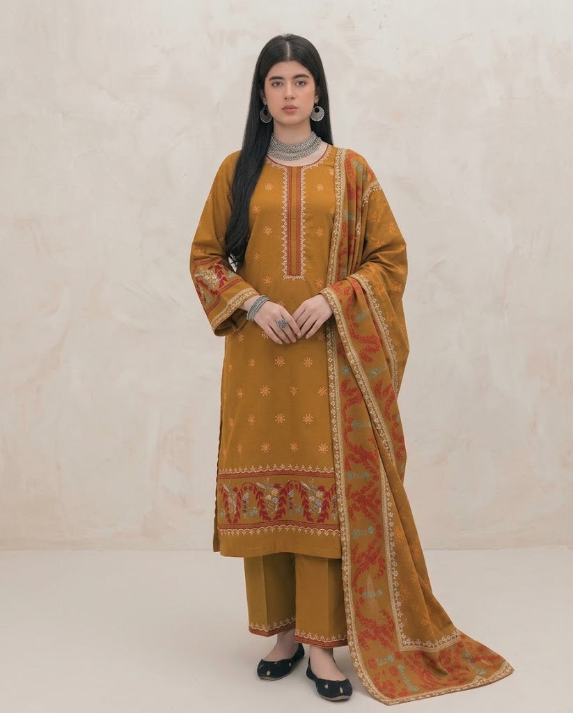 Ochre Yellow Embroidered 3PC Dhanak Suit with Digital Printed Dupatta (HE D# 308B)