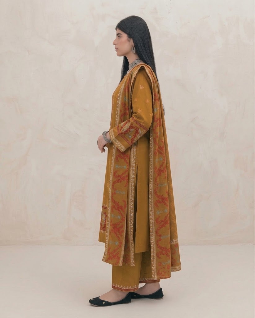 Ochre Yellow Embroidered 3PC Dhanak Suit with Digital Printed Dupatta (HE D# 308B)