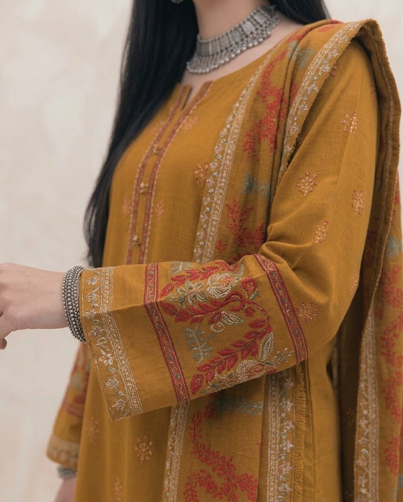 Ochre Yellow Embroidered 3PC Dhanak Suit with Digital Printed Dupatta (HE D# 308B)