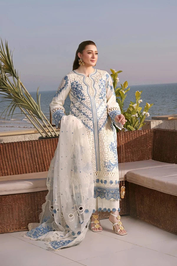 White & Blue Embroidered 3-Piece Unstitched Suit (TFS 725)