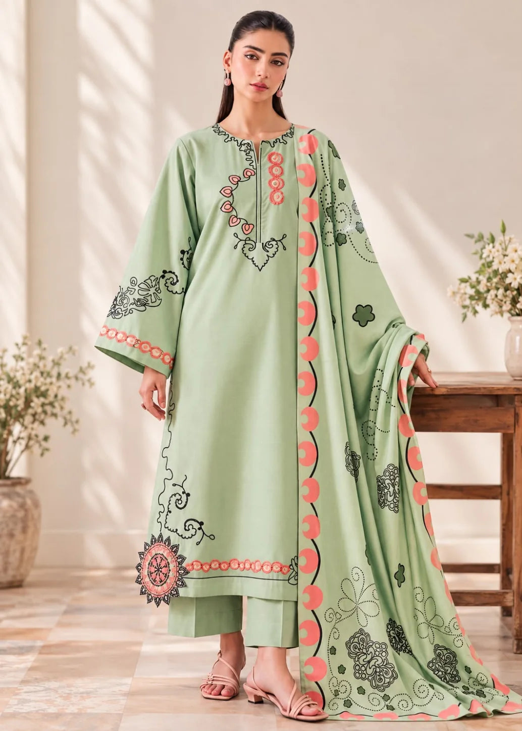 Mint Green Embroidered 3PC Dhanak Suit with Digital Printed Shawl (HE D#288B)
